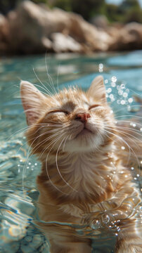 Cat enjoys backstroke in Tiffany Blue Seawater, bathed in golden starlight.generative ai