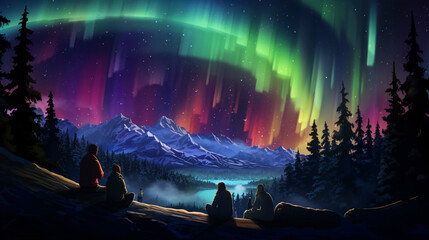 Northern lights in the night sky aurora borealis a - obrazy, fototapety, plakaty