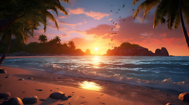 Tropical beach with palm trees and sunset - 3d render