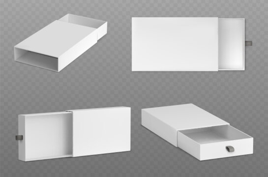 3D set of slide boxes isolated on gray background. Vector realistic illustration of open and closed white cardboard matchbox, carton package mockup, rectangular blank paper container for gift parcel