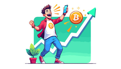 Fototapeta premium Concept of the image of an investor who is happy with the explosion of Bitcoin. Vector illustration.