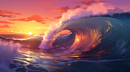 Schilderijen op glas Ocean wave swirls into a tube at sunset landscape © Anaya