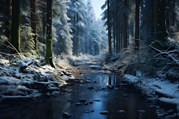 A panoramic shot of a river flowing through a snowy forest