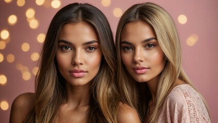 Intimate close-up of two young, diverse models with captivating beauty and elegant green backdrop