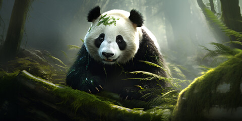  panda sitting in the forest with the sun shining through the trees bear in the woods with the sun shining luffy black and white panda with a content expression munching on bamboo leave - obrazy, fototapety, plakaty