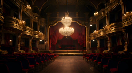 Luxury auditorium with red seats and a large chandelier - Powered by Adobe