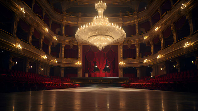 The auditorium of the theater with red seats and a large chandelier