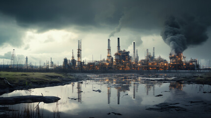 Oil refinery pipe panorama gloomy atmosphere 