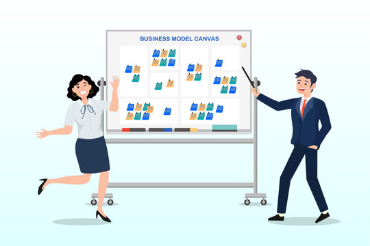Business people present business model on whiteboard, business model canvas, brainstorm for business idea or plan to achieve goal, management strategy, product research or how to make money (Vector)