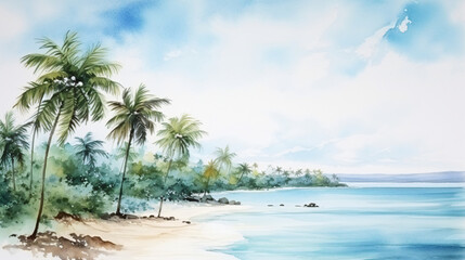 Fototapeta na wymiar Panoramic view tropical climate simple watercolor