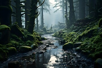 Panorama of a river flowing through a dark forest with fog in the background