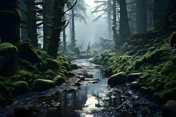 Gartenposter Waldfluss Panorama of a river flowing through a dark forest with fog in the background