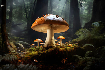 Group of Mushrooms in Forest. AI generated - 751201847