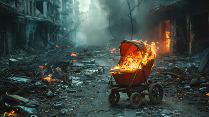 a vintage stroller burning in the middle of a big street of a destroyed city,generative ai - obrazy, fototapety, plakaty