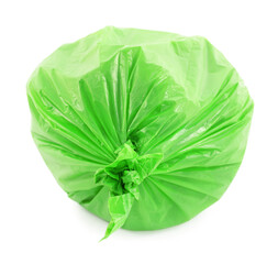 Green plastic garbage bag isolated on white, top view