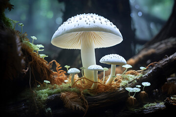 Group of White Mushrooms on Forest. AI generated - 751201899