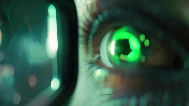 An extreme closeup of a biometric scanner with a travelers eye being carefully scanned for identification. A green light flashes indicating a match and allowing the traveler