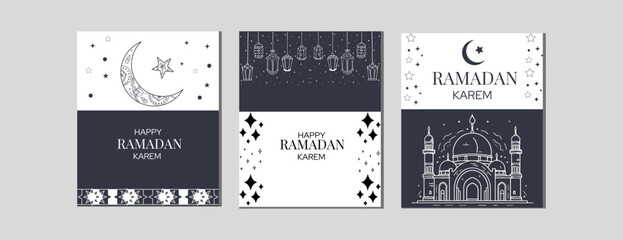 Ramadan Kareem greeting card with mosque and moon. Vector illustration