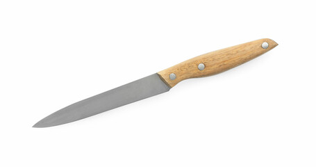 One sharp knife with wooden handle isolated on white