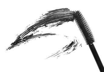 Smear of black mascara and applicator isolated on white, top view