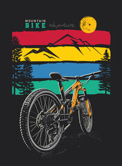 Mountain bike illustration with colorful landscapes and sunset