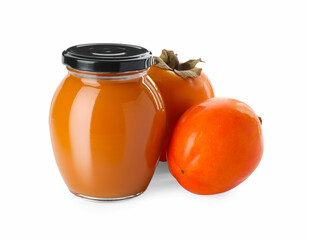 Delicious persimmon jam and fresh fruits isolated on white