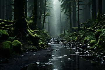 Dark forest with a stream in a foggy night. Panorama