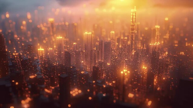 A bustling virtual city filled with skysers of code and data comes to life in a mesmerizing motion graphic depicting the impact of fintech and blockchain in driving global