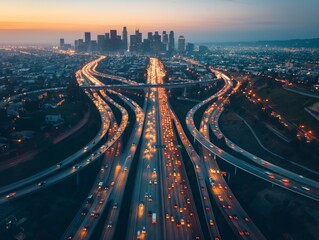 Fototapeta na wymiar A stunning aerial shot capturing the glowing lights of a busy highway interchange at dusk, with a city skyline backdrop