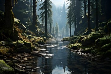 Panoramic view of the forest in the morning. Mountain river.