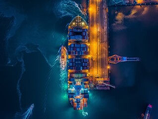 Aerial view of a cargo ship at night, illuminated and vibrant