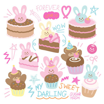 Cakes and cupcakes with bunny rabbit and teddy bear for cartoon character, sweet dessert, cafe, restaurant, menu, recipe, happy birthday elements, birthday party, celebration, stickers, brand logo, ad