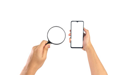 Close up hand holding modern smart phone mockup. New modern black frameless smartphone mockup with...