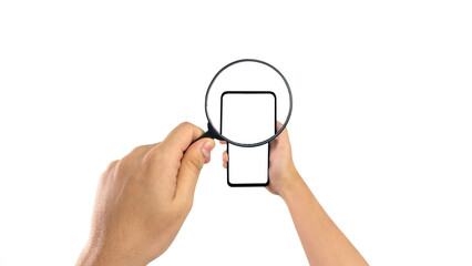 Close up hand holding modern smart phone mockup. New modern black frameless smartphone mockup with...