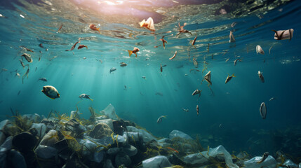 Fototapeta na wymiar Plastic pollution of the ocean underwater photo.