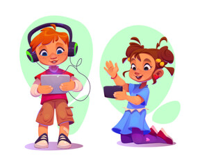 Kids using gadgets isolated on white background. Vector cartoon illustration of girl having video call on smartphone, boy in earphones playing game on tablet, smart technology for education and fun