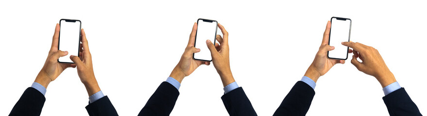 businessmanhands using smartphone with blank screen, isolated on white background