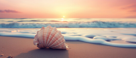 Big white pink sea shells conch on the beach sand with foamy waves crashing on the shore and clear sky at sunset with a warm atmosphere created with Generative AI Technology - obrazy, fototapety, plakaty