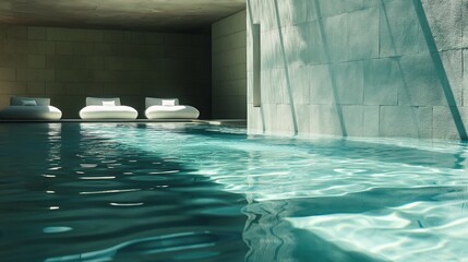 A symphony of elegance and water, as daylight reflects off a meticulously designed pool featuring underwater seating and modern aesthetics