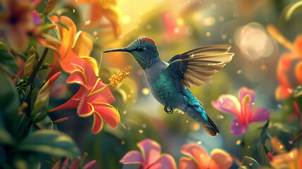 Charming hummingbird flitting gracefully among the vibrant tropical flowers. 