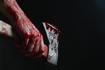 Man holding bloody axe on black background, closeup. Space for text