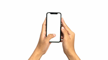 Close up hand holding modern smart phone mockup. New modern black frameless smartphone mockup with...