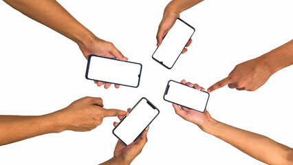 Close up hand holding modern smart phone mockup. New modern black frameless smartphone mockup with...