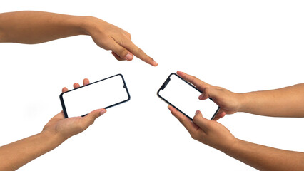 Close up hand holding modern smart phone mockup. New modern black frameless smartphone mockup with...