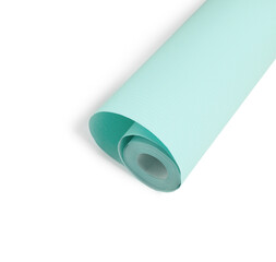 One light turquoise wallpaper roll isolated on white, top view