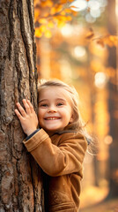 A smiling little girl hugging a tree in the forest. Love of nature concept.