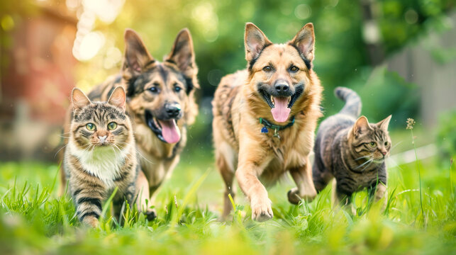 Dogs and cat in the field of grass, running and playing together