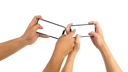 Close up hand holding modern smart phone mockup. New modern black frameless smartphone mockup with...