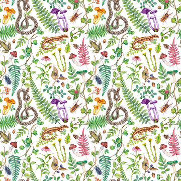 Watercolor fantasy forest seamless pattern with mushrooms, ferns, leaves, herbs and snakes. Hand painted forest background.