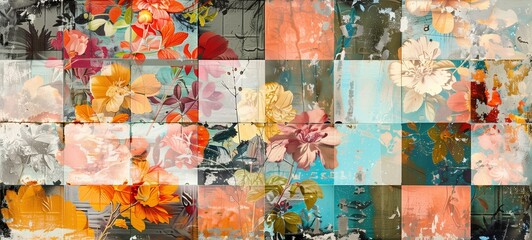 Collage of vintage floral patterns with a distressed finish, forming a creative tapestry of color and texture for backgrounds, wall art, or fashion design.